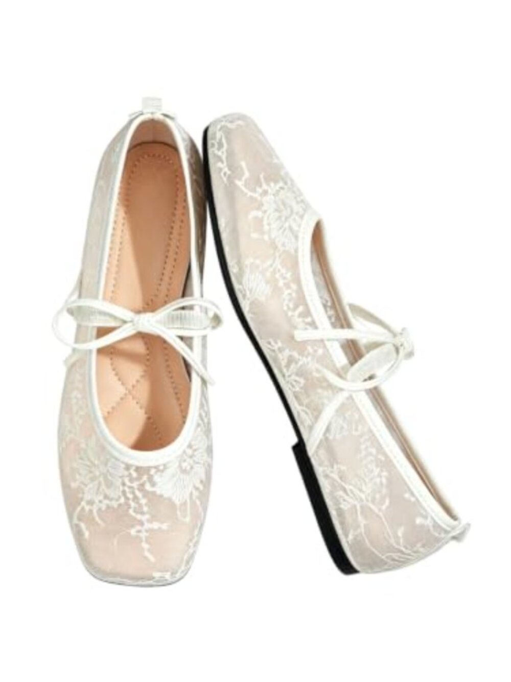 Women's Floral Lace Mesh Ballet Flats Square Toe Bow Tie Casual Dress Shoes